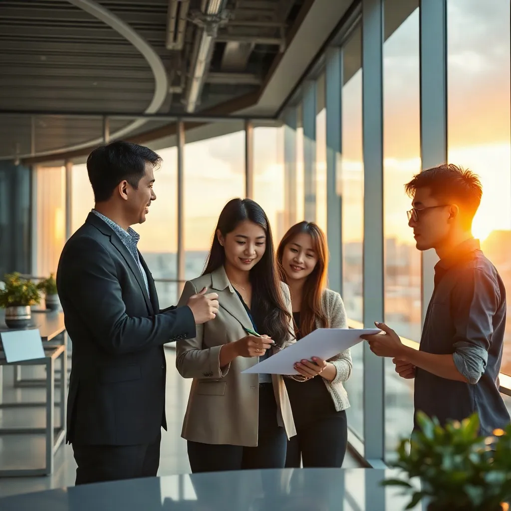 Team collaborating in a bright office with glass walls at sunset
