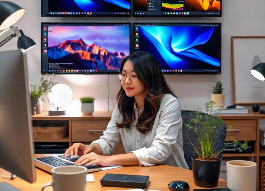 Professional working at a multi-monitor desk in a home office