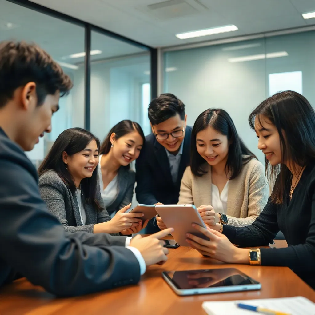 Professionals collaborating over tablets in a modern meeting room